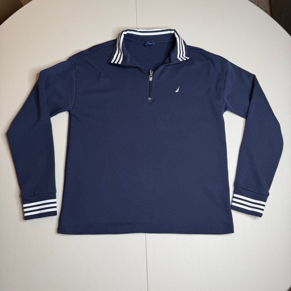 Nautica Mens Quarter Zip Pullover Navy Blue Stripe Trim Fleece Small 1723720